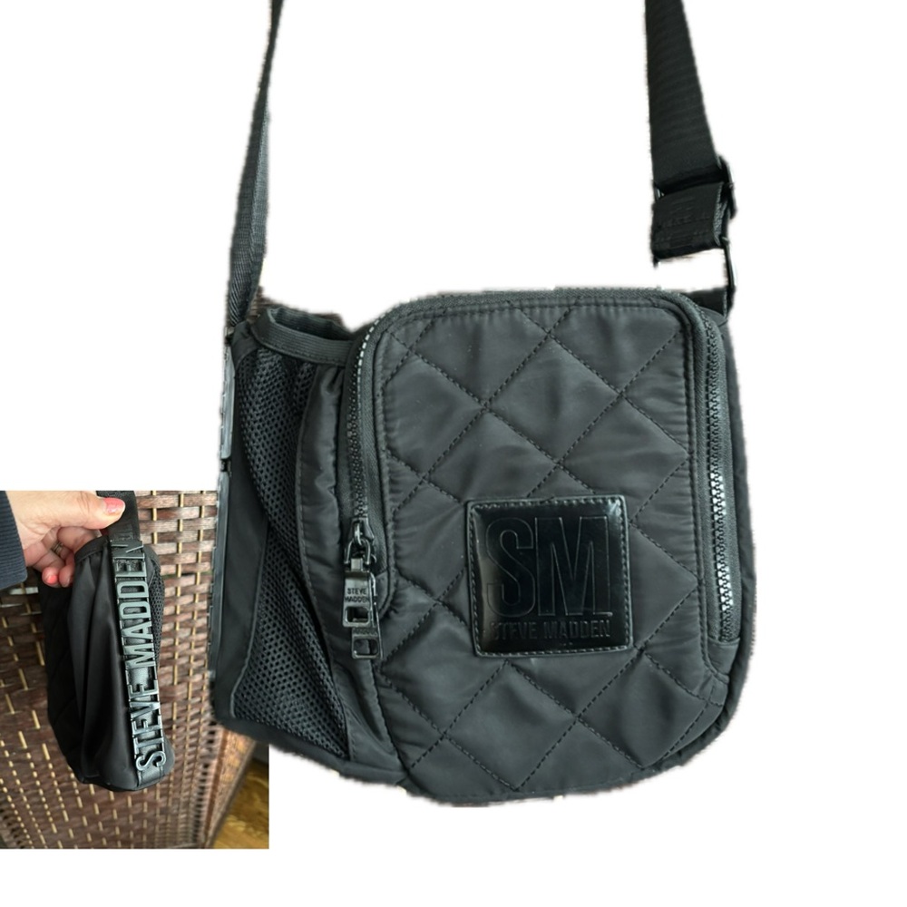 Steve Madden Black Quilted Small Crossbody Bag purse bottle pocket